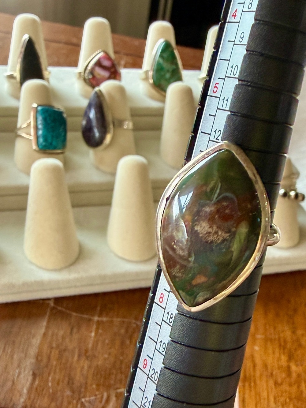 Sterling Silver 625 Green-Brown Jasper Statement Ring 6.5